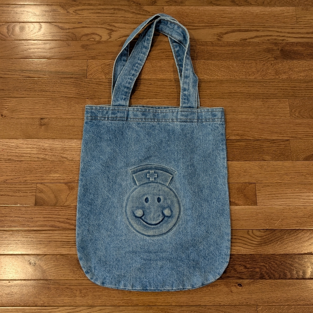 Vintage Nurse Smiley Face Denim Blue Tote Bag 100% Cotton Made In The USA